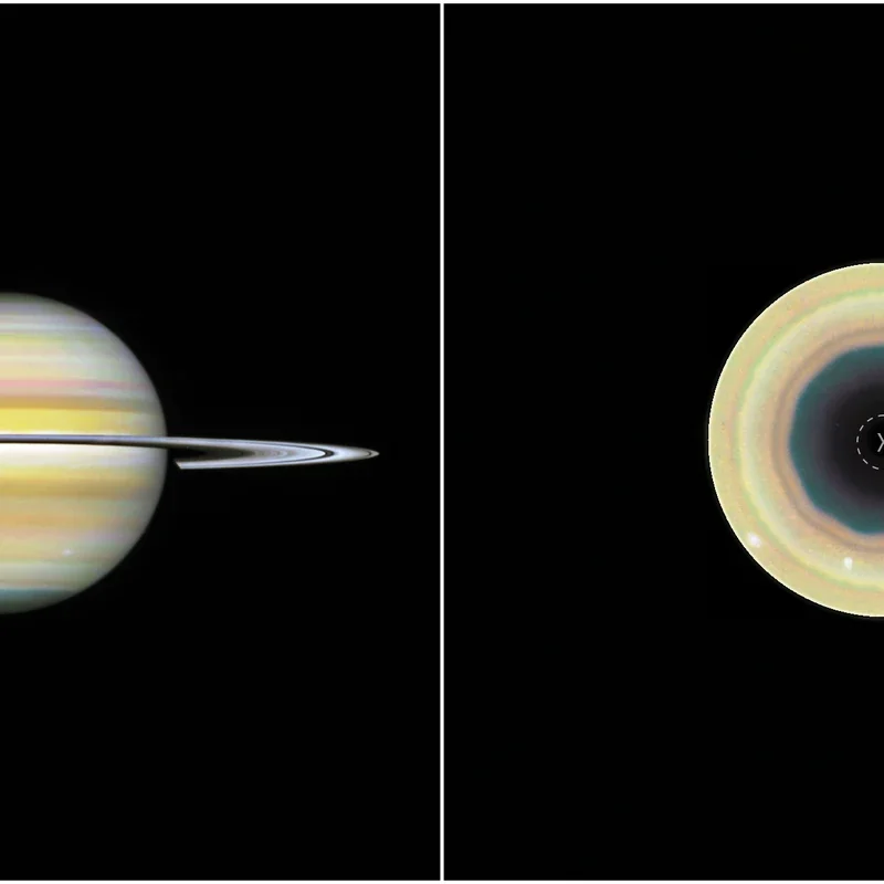 Hubble views of Saturn and its south pole showing a ten-sided atmospheric wave