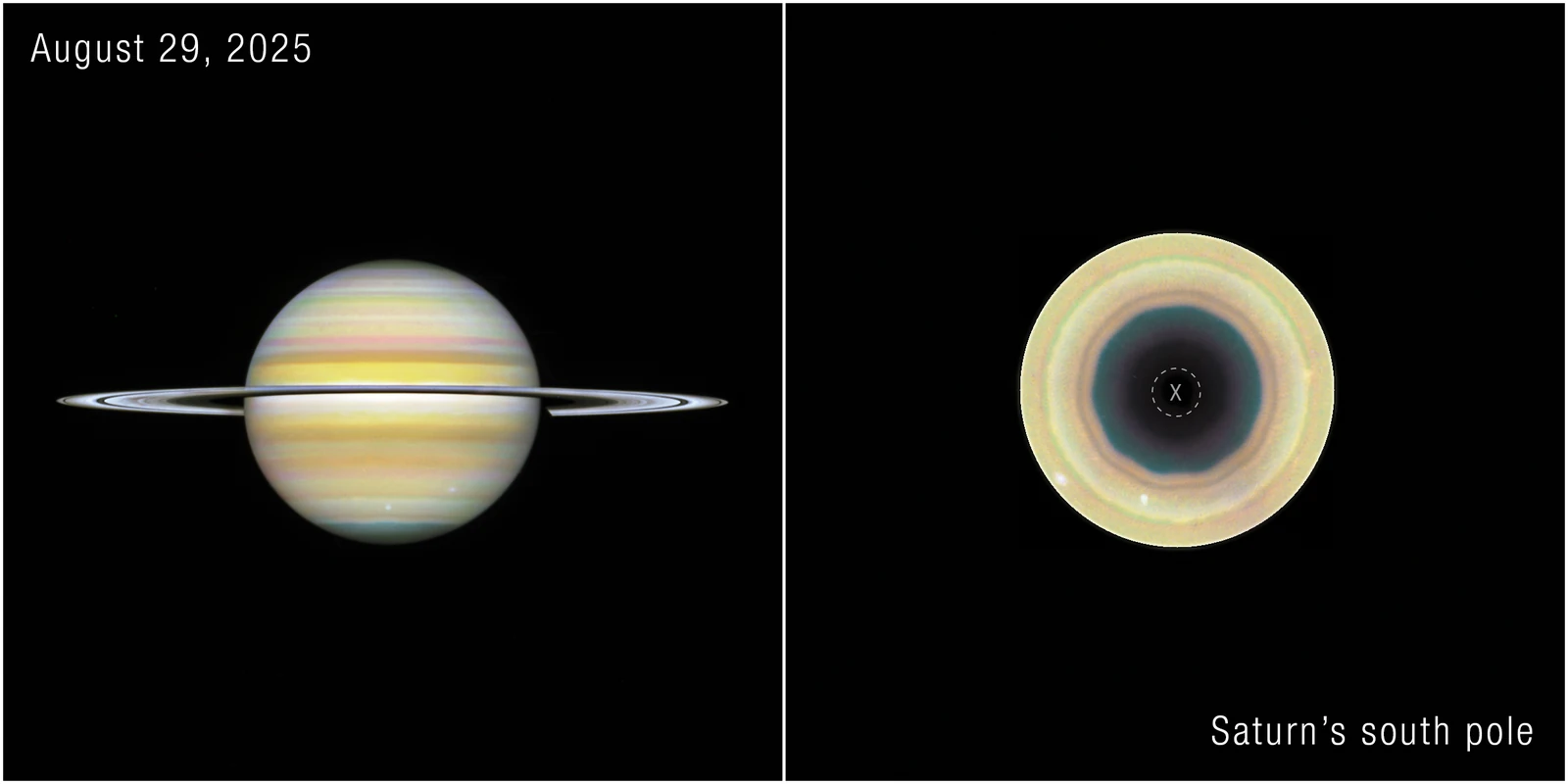 Hubble views of Saturn and its south pole showing a ten-sided atmospheric wave
