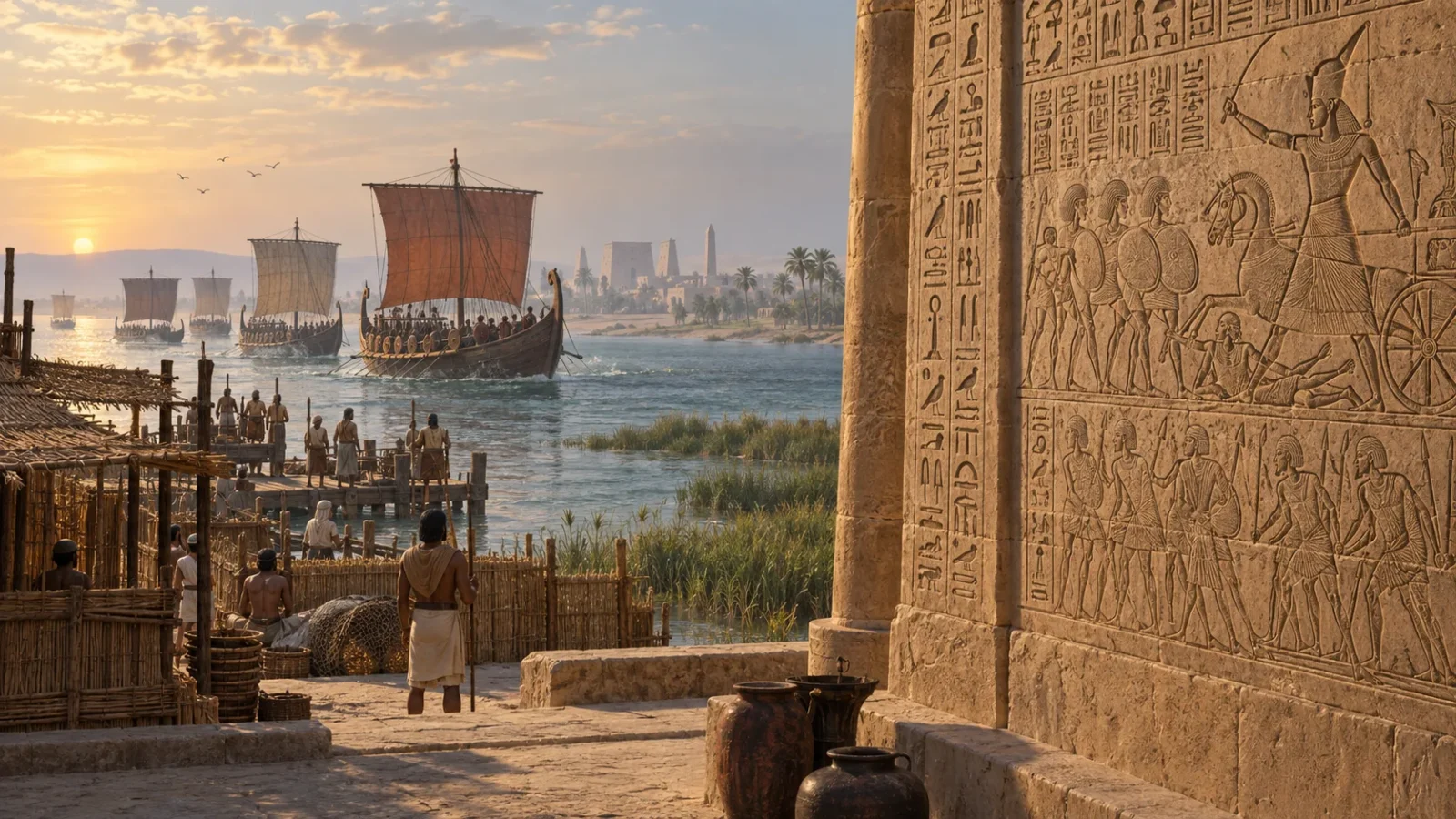 Interpretive illustration of Late Bronze Age ships approaching the Nile beside an Egyptian temple wall carved with battle scenes