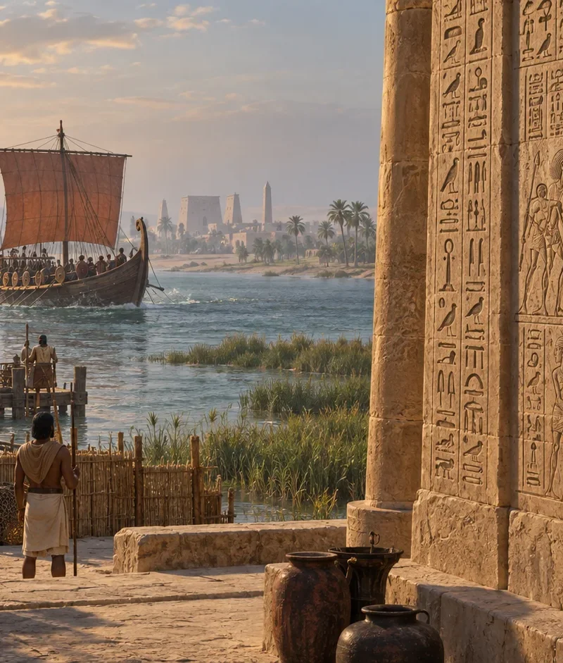 Interpretive illustration of Late Bronze Age ships approaching the Nile beside an Egyptian temple wall carved with battle scenes