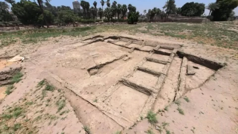 Excavated mudbrick housing complex beside the Temple of Sekhmet at Mit Rahina