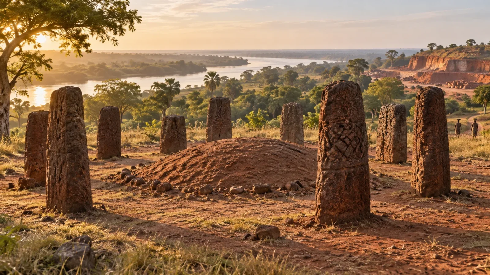 Interpretive view of a Senegambian stone circle and burial mound beside the Gambia River landscape.