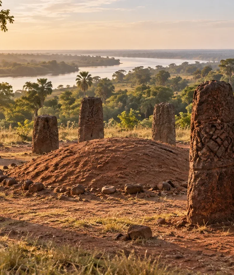 Interpretive view of a Senegambian stone circle and burial mound beside the Gambia River landscape.