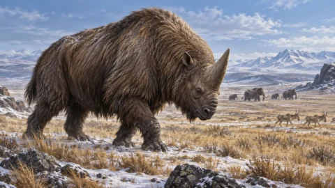 Editorial illustration of Elasmotherium sibiricum, the giant Ice Age rhinoceros nicknamed the Siberian unicorn, on a cold Eurasian steppe