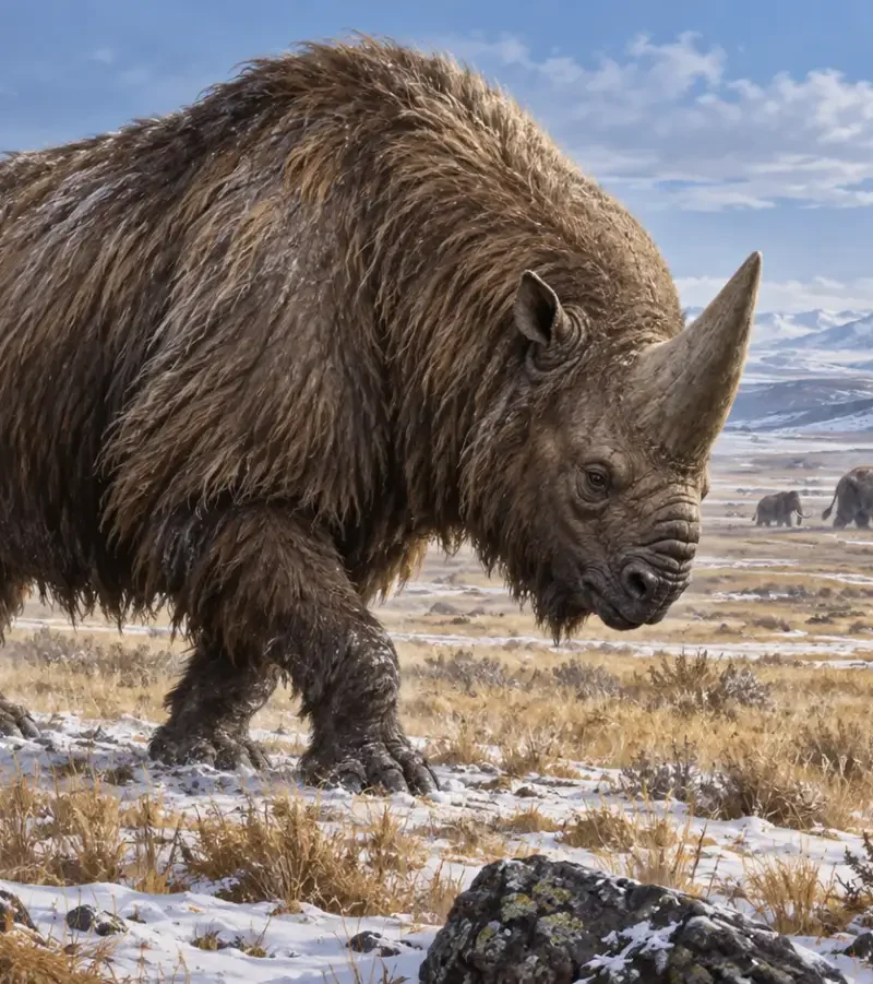 Editorial illustration of Elasmotherium sibiricum, the giant Ice Age rhinoceros nicknamed the Siberian unicorn, on a cold Eurasian steppe