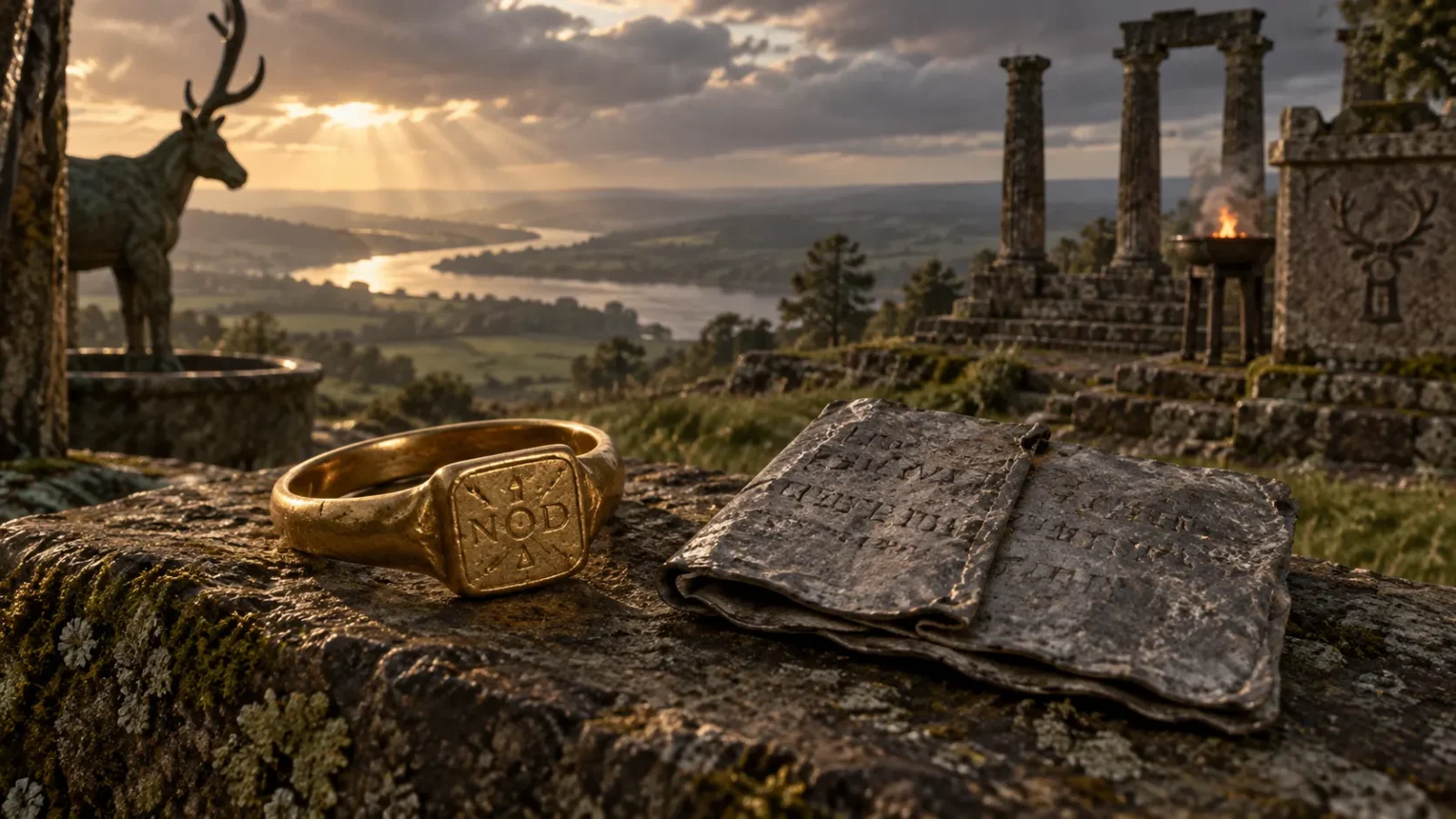 Interpretive illustration of a late Roman gold ring and lead curse tablet beside a temple in Roman Britain.