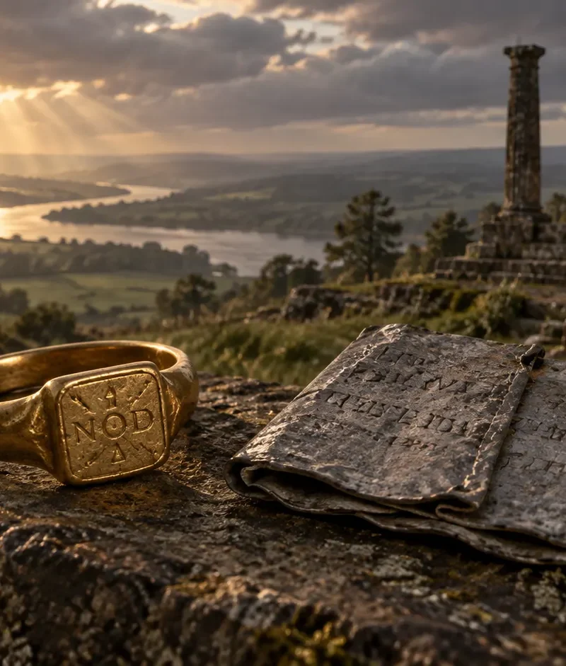 Interpretive illustration of a late Roman gold ring and lead curse tablet beside a temple in Roman Britain.