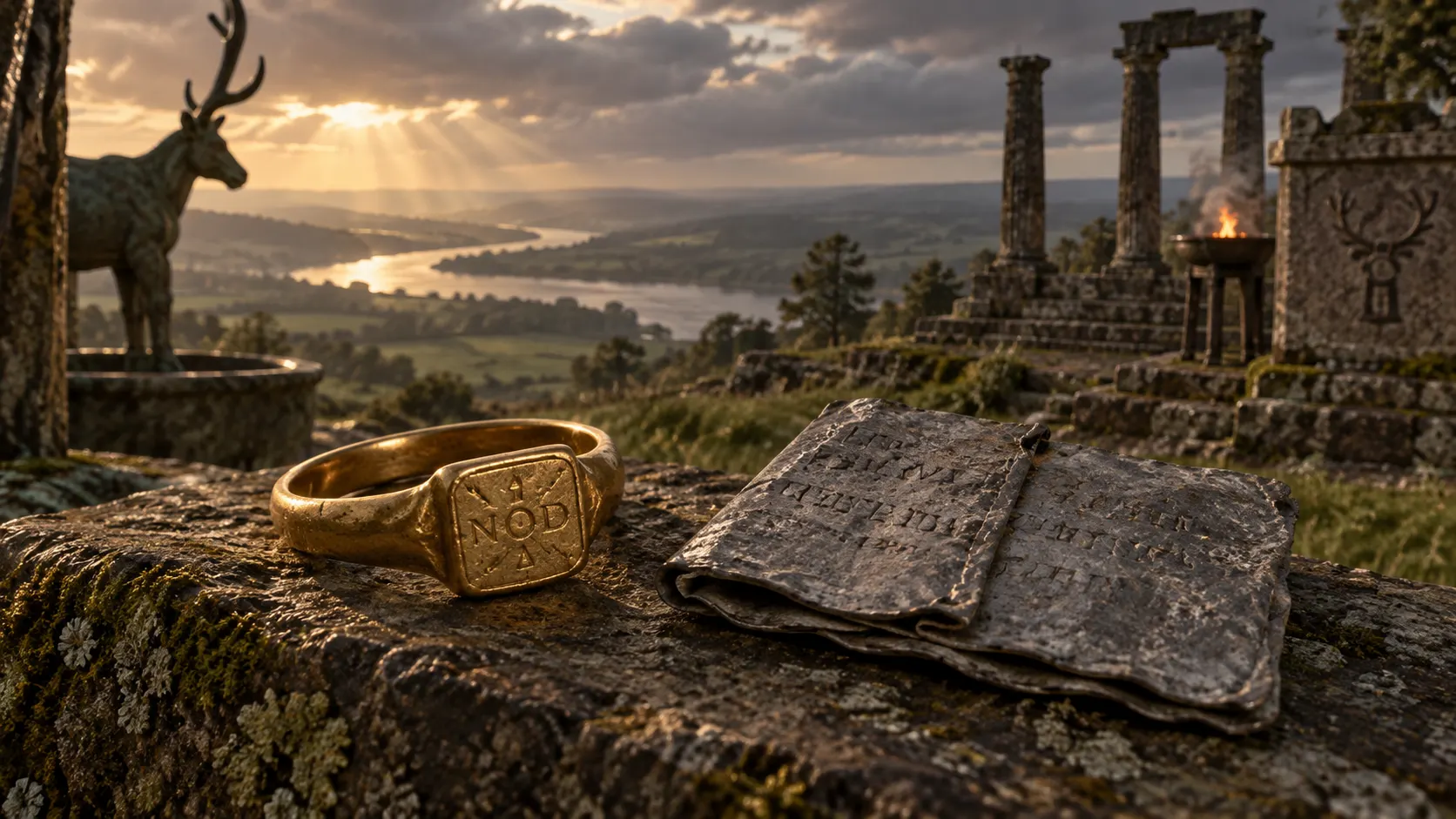 Interpretive illustration of a late Roman gold ring and lead curse tablet beside a temple in Roman Britain.