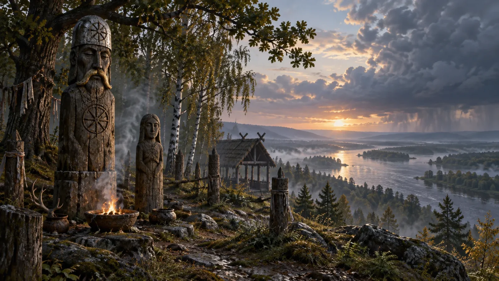 Interpretive illustration of carved wooden idols at an early Slavic sanctuary beside a river.
