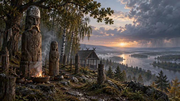Interpretive illustration of carved wooden idols at an early Slavic sanctuary beside a river.