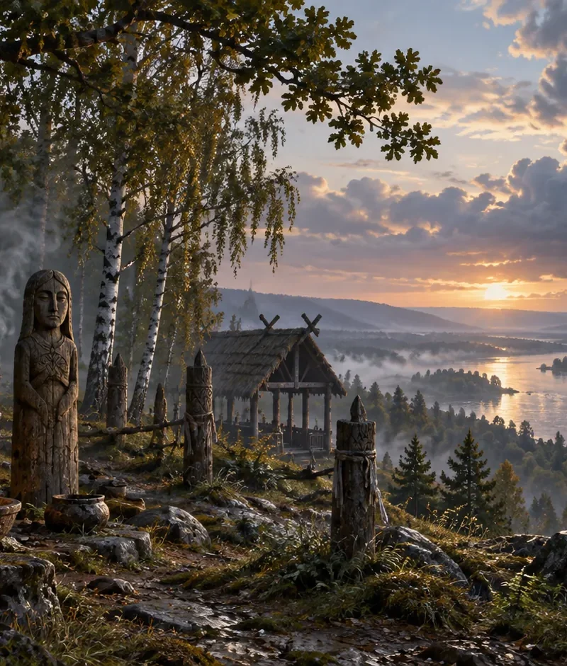 Interpretive illustration of carved wooden idols at an early Slavic sanctuary beside a river.
