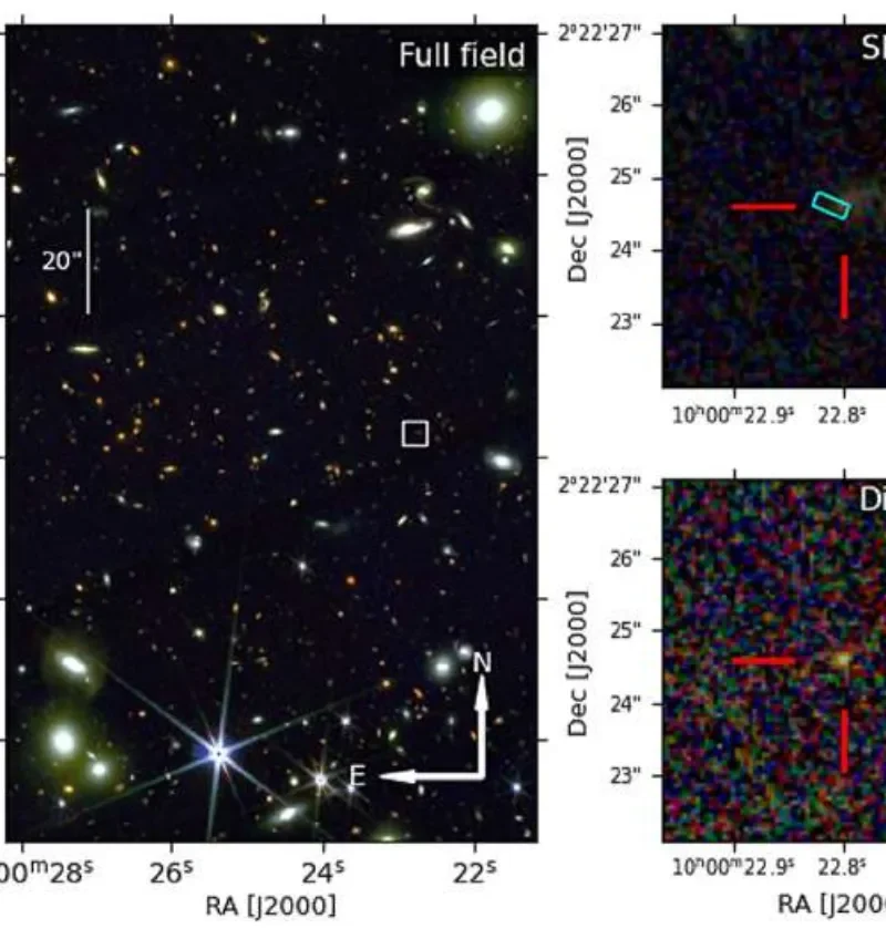 James Webb Space Telescope image showing the distant supernova SN 2023aeaf and its host galaxy
