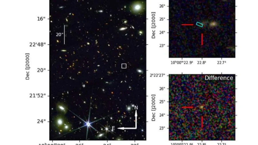 James Webb Space Telescope image showing the distant supernova SN 2023aeaf and its host galaxy