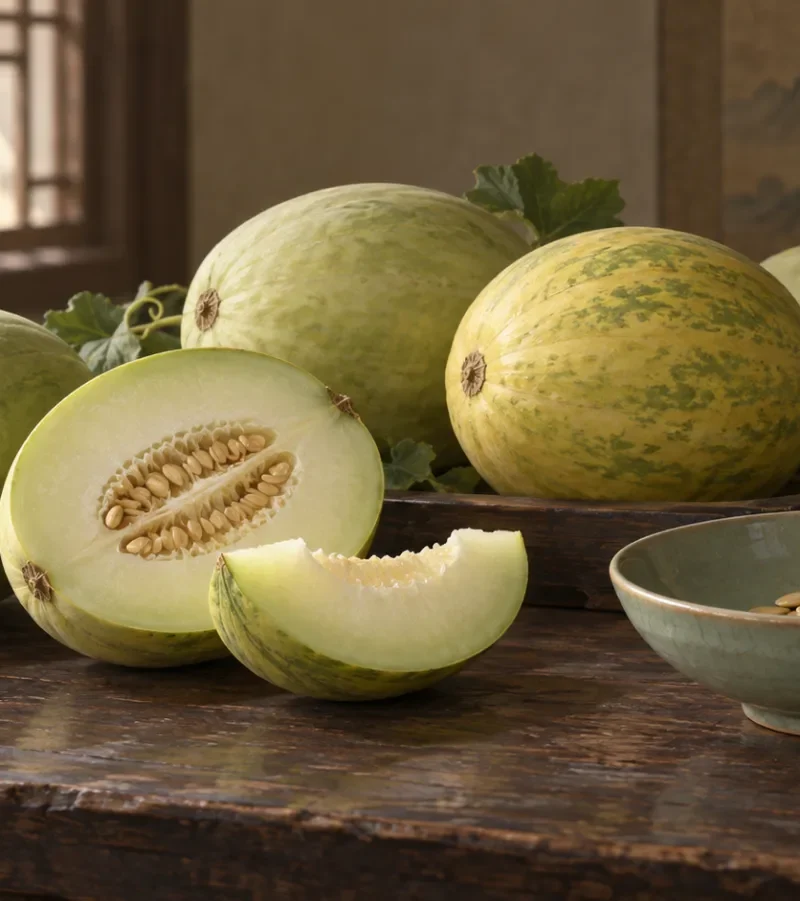 Illustration of pale-fleshed melons and melon seeds beside a celadon-style bowl.