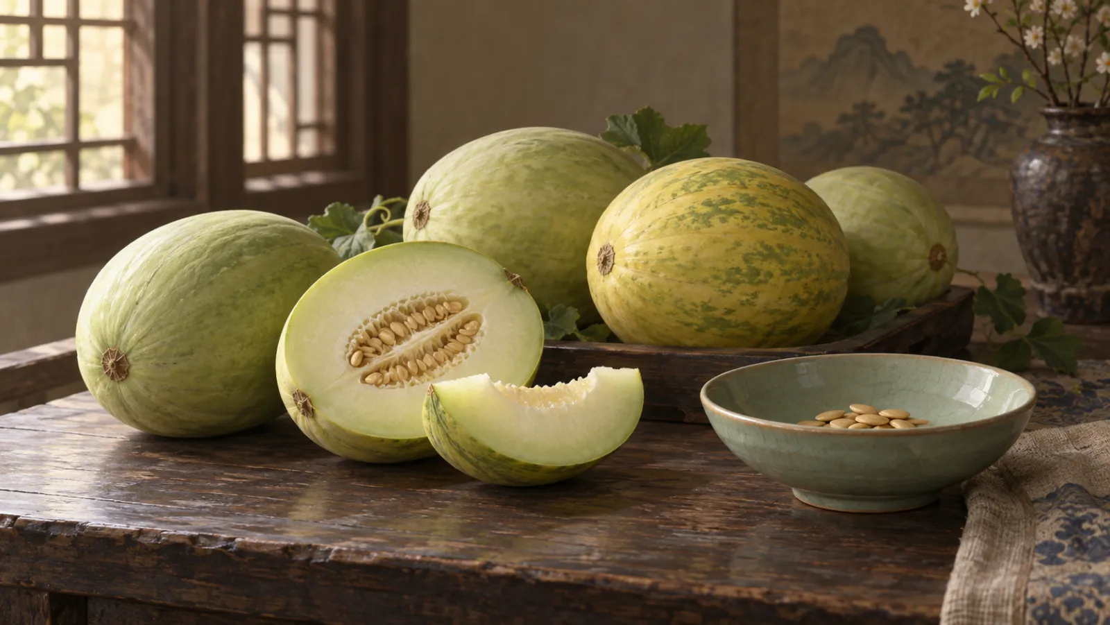 Illustration of pale-fleshed melons and melon seeds beside a celadon-style bowl.