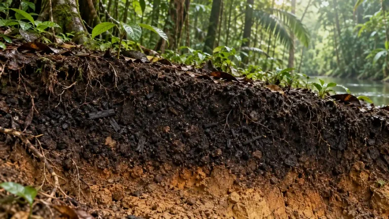 Conceptual illustration of dark, charcoal-rich soil beneath tropical vegetation.