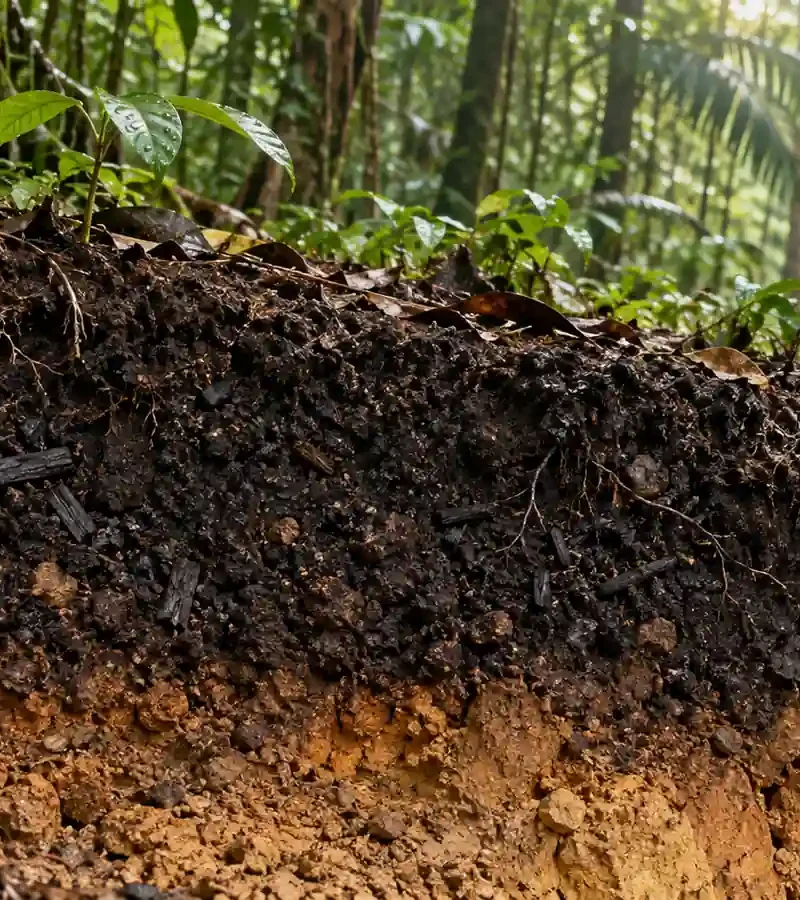 Conceptual illustration of dark, charcoal-rich soil beneath tropical vegetation.