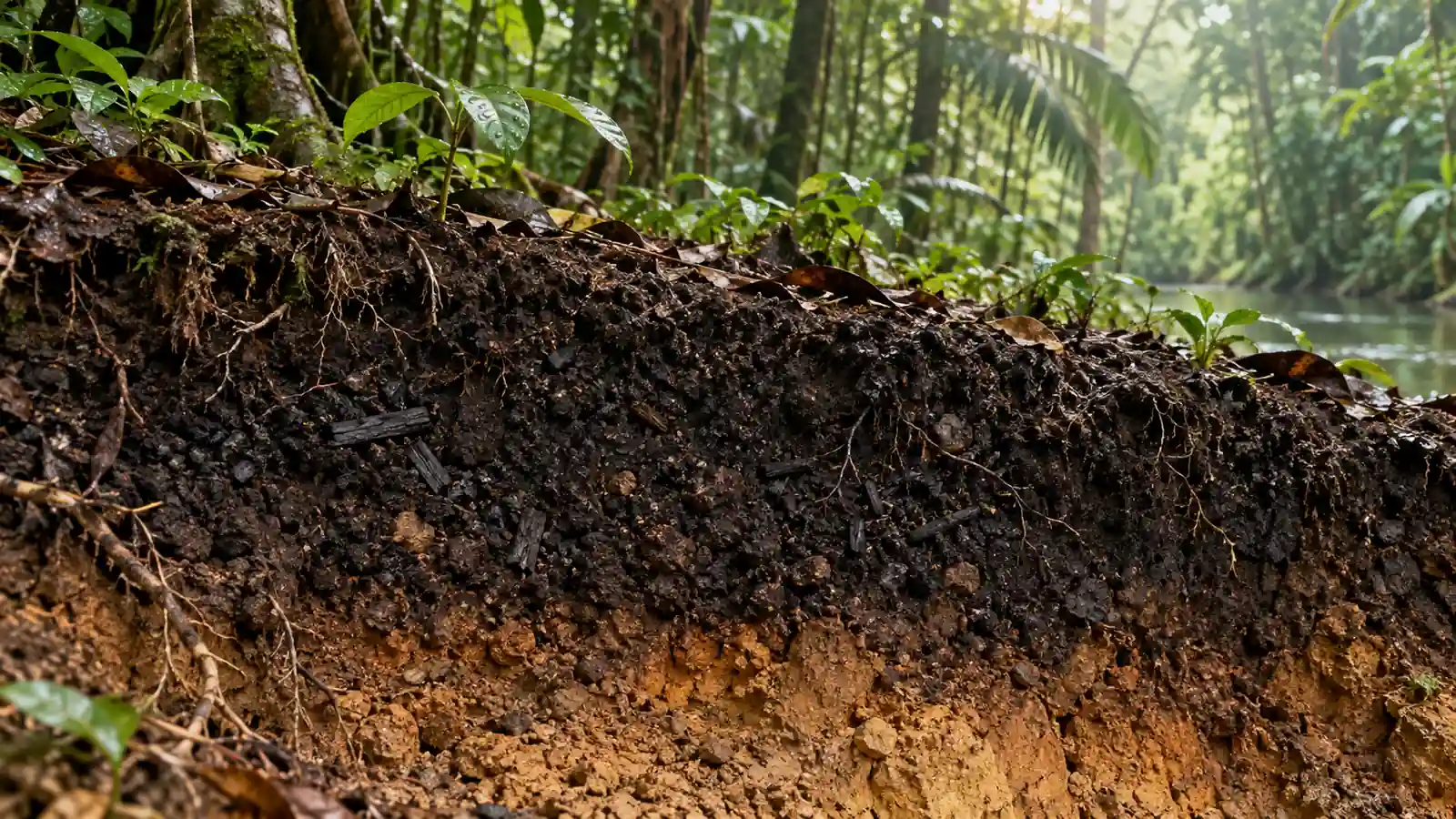 Conceptual illustration of dark, charcoal-rich soil beneath tropical vegetation.