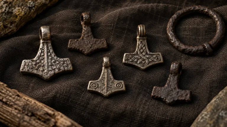 Iron and silver hammer-shaped pendants with a ring on dark woven cloth.