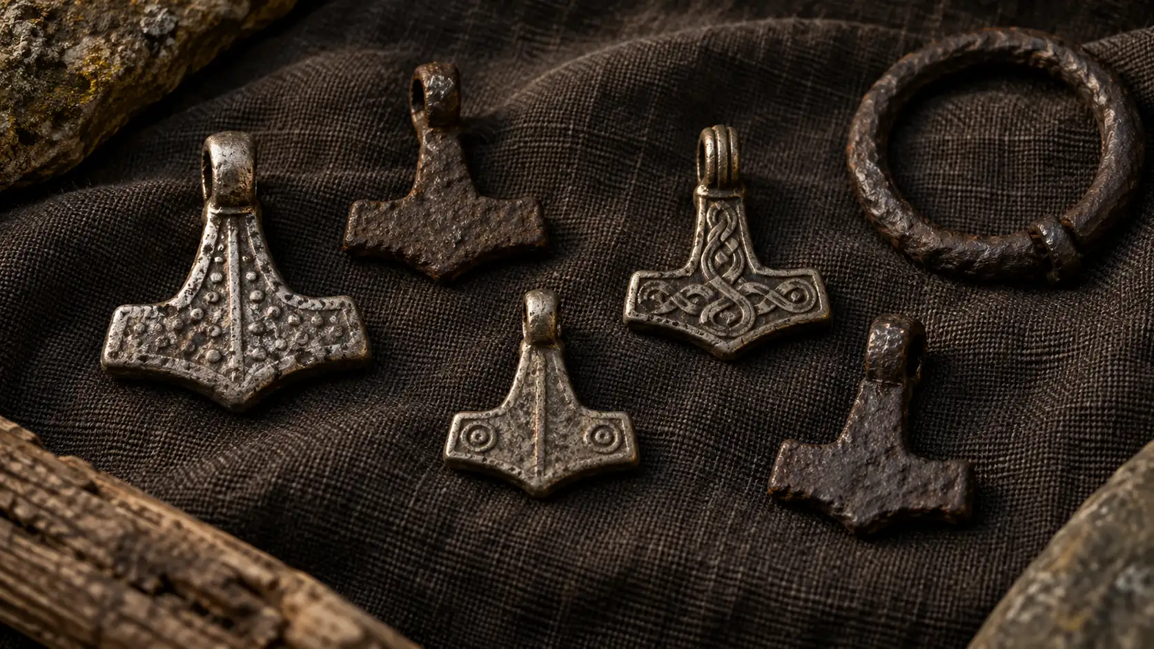 Iron and silver hammer-shaped pendants with a ring on dark woven cloth.
