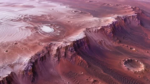 Generated illustration of purple Thyles Rupes cliffs, frosted dunes and craters near Mars south pole