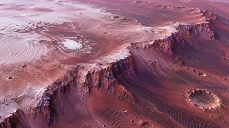Generated illustration of purple Thyles Rupes cliffs, frosted dunes and craters near Mars south pole