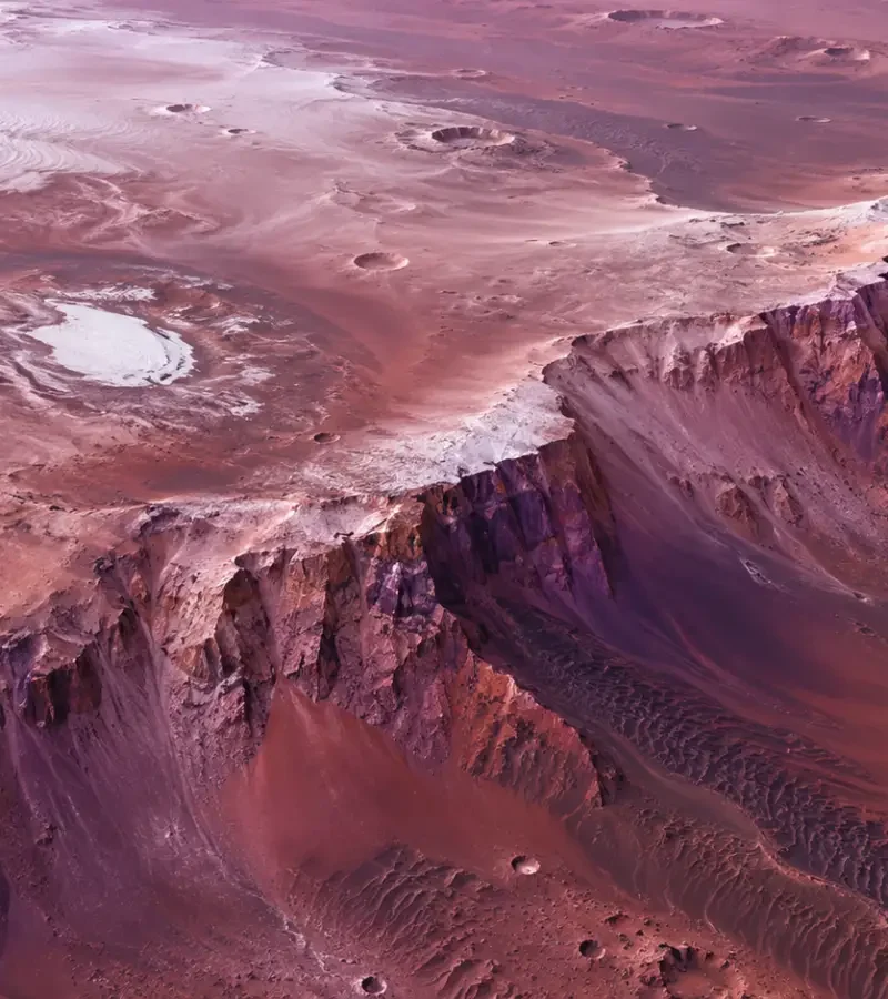 Generated illustration of purple Thyles Rupes cliffs, frosted dunes and craters near Mars south pole