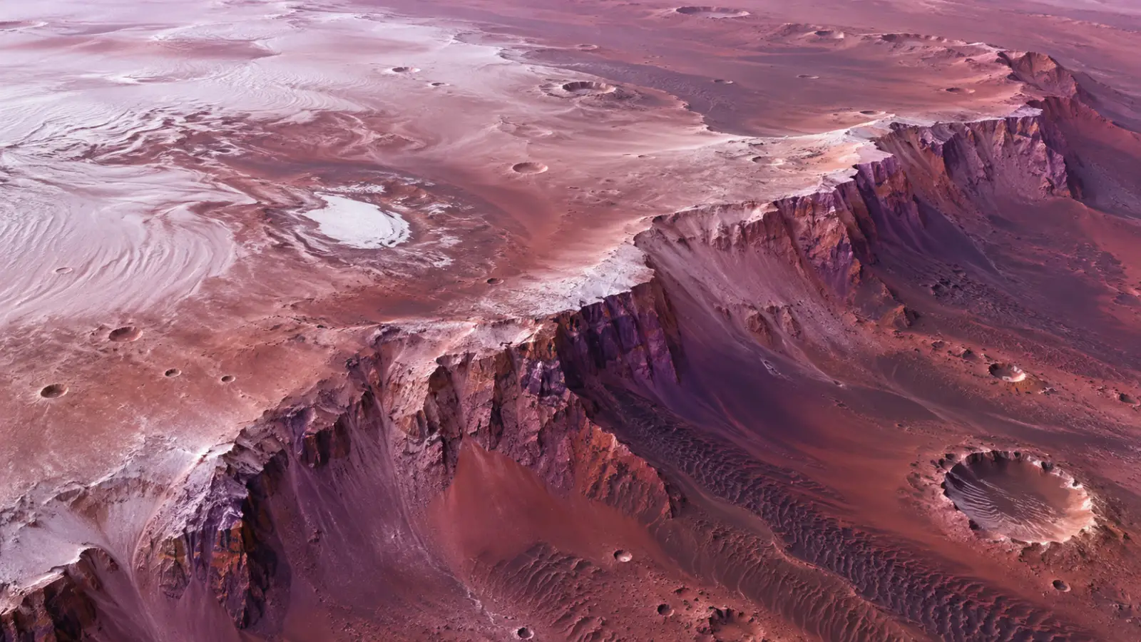Generated illustration of purple Thyles Rupes cliffs, frosted dunes and craters near Mars south pole