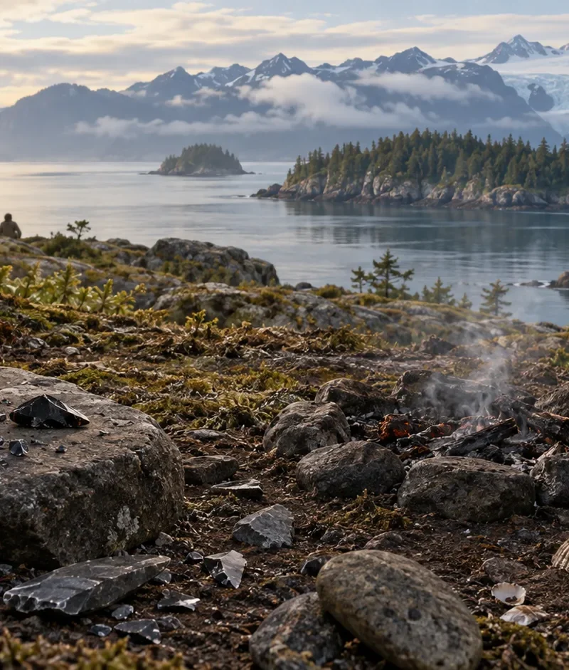 Interpretive illustration of late Ice Age coastal life at Triquet Island, with a hearth, stone tools, marine bones and glaciated Pacific Northwest islands.