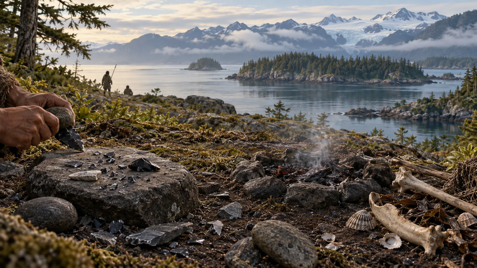 Interpretive illustration of late Ice Age coastal life at Triquet Island, with a hearth, stone tools, marine bones and glaciated Pacific Northwest islands.