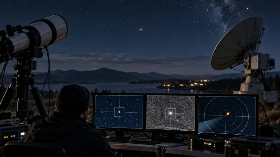 A luminous object above a radar screen representing the measurements needed to investigate a UAP