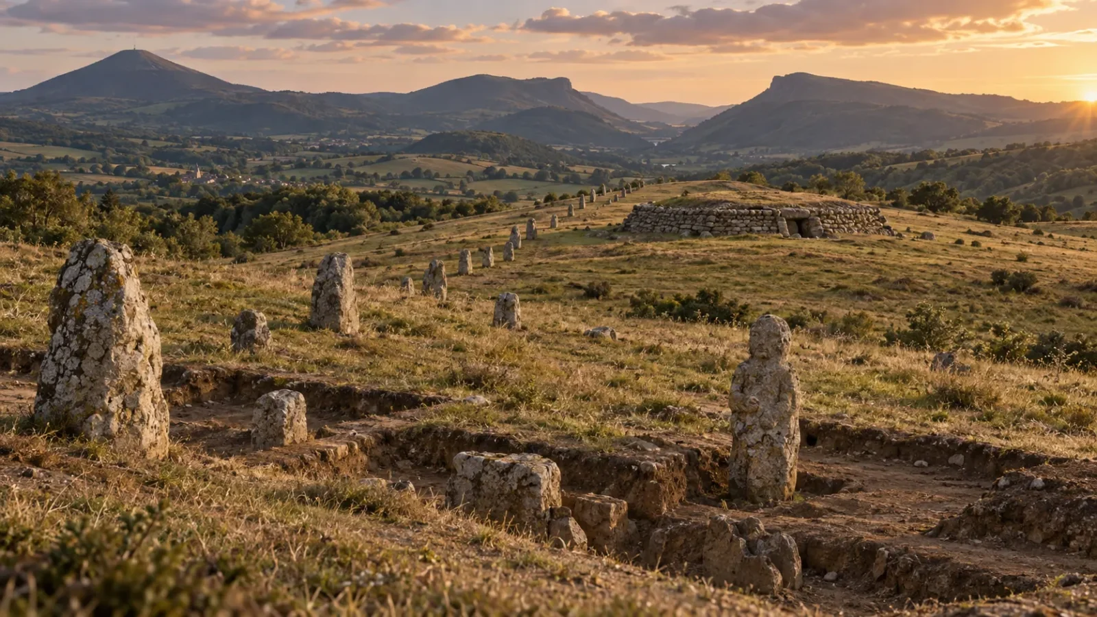 Interpretive view of the Veyre-Monton menhir alignment, cairn and carved stone in central France.