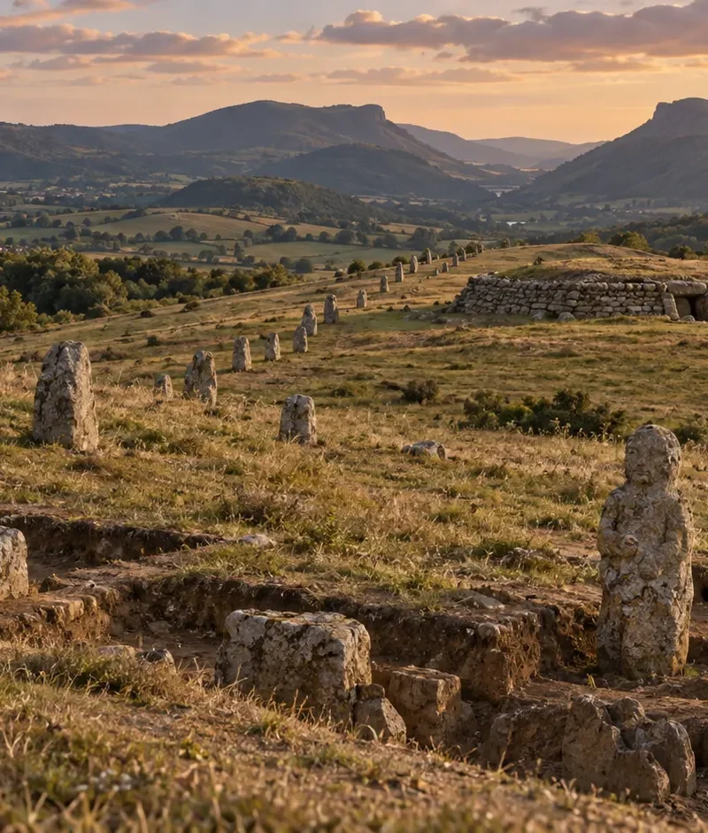 Interpretive view of the Veyre-Monton menhir alignment, cairn and carved stone in central France.