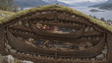 Interpretive cutaway illustration of two Viking boat graves nested inside a Norwegian burial mound beside a fjord.