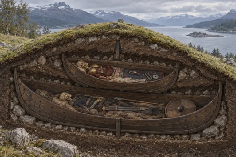 Interpretive cutaway illustration of two Viking boat graves nested inside a Norwegian burial mound beside a fjord.