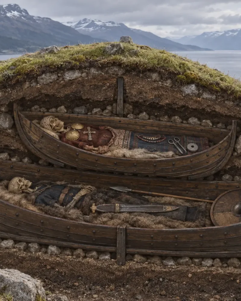 Interpretive cutaway illustration of two Viking boat graves nested inside a Norwegian burial mound beside a fjord.