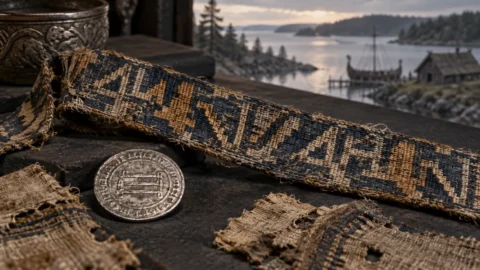 Editorial illustration of a Viking Age woven textile band with abstract geometric motifs beside a silver dirham and burial cloth