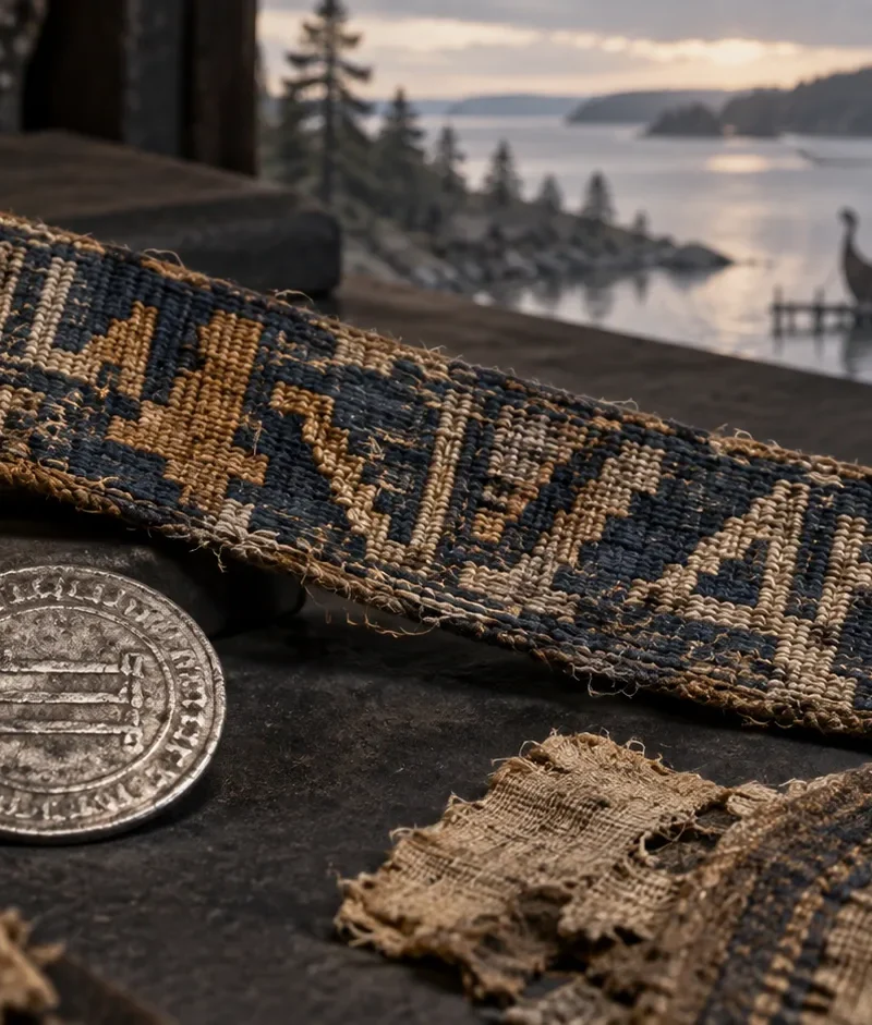 Editorial illustration of a Viking Age woven textile band with abstract geometric motifs beside a silver dirham and burial cloth