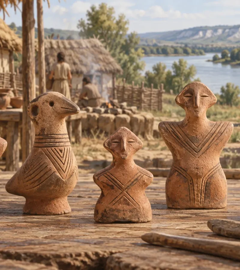 Interpretive illustration of Vinča clay figurines in a Neolithic Danube settlement