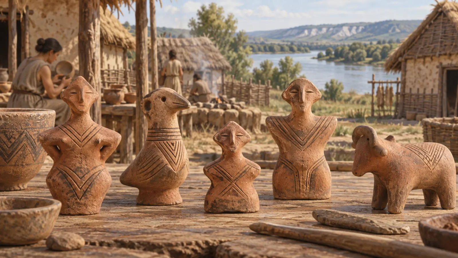 Interpretive illustration of Vinča clay figurines in a Neolithic Danube settlement