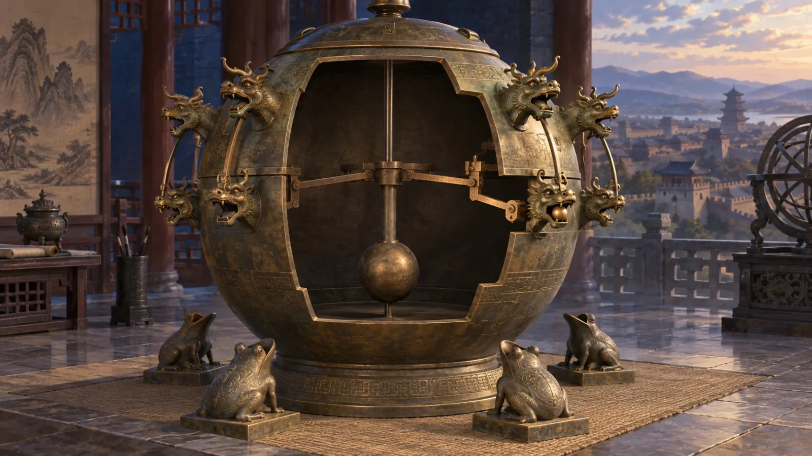 Interpretive cutaway illustration of Zhang Heng’s ancient Chinese seismoscope with bronze dragons, frogs and an inner suspended mechanism.