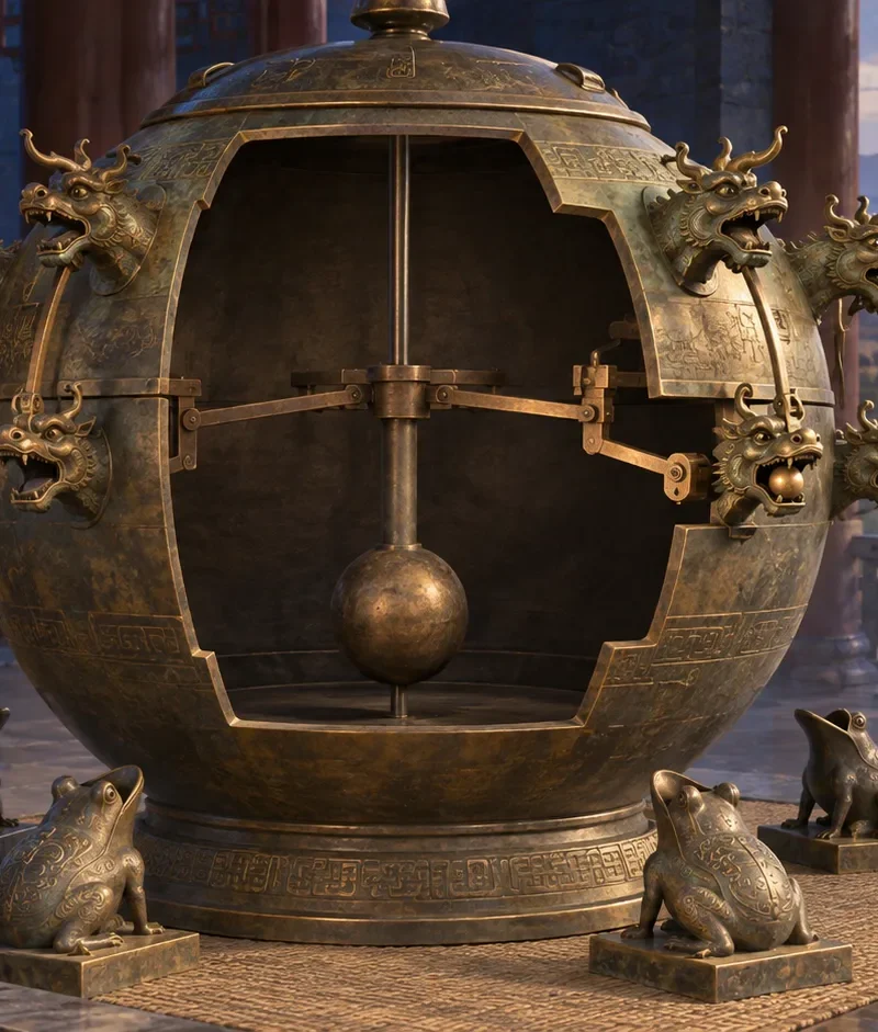 Interpretive cutaway illustration of Zhang Heng’s ancient Chinese seismoscope with bronze dragons, frogs and an inner suspended mechanism.