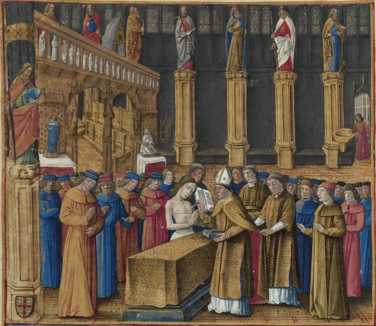 Fifteenth-century manuscript illustration showing Baldwin IV being anointed