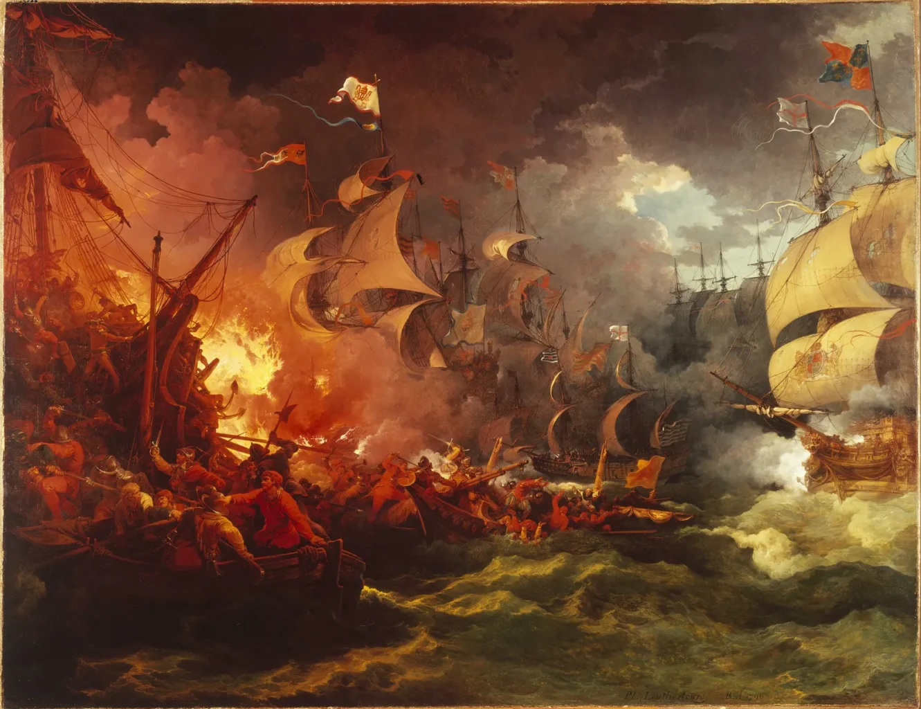 Historical painting of English and Spanish ships fighting during the Armada campaign