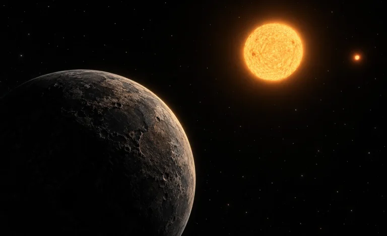 Illustration of a rocky planet with two distant orange stars