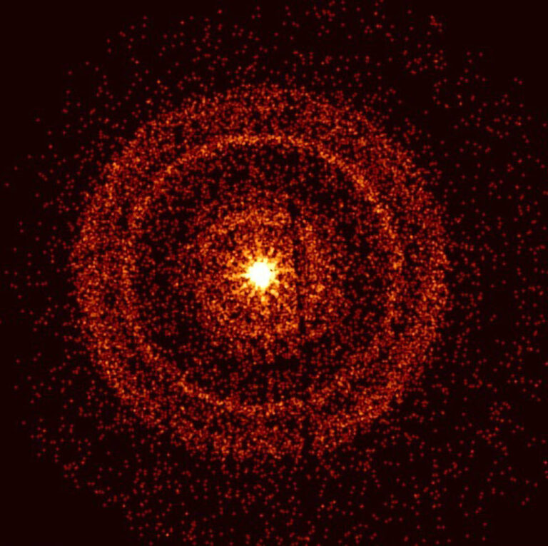 About an hour after GRB 221009A was detected, Swift's X-Ray Telescope captured its afterglow. In the direction of the burst, X-rays are scattered from dust layers within our galaxy that would be otherwise unobservable. This produces the bright rings. Credits: Credit: NASA/Swift/A. Beardmore (University of Leicester)