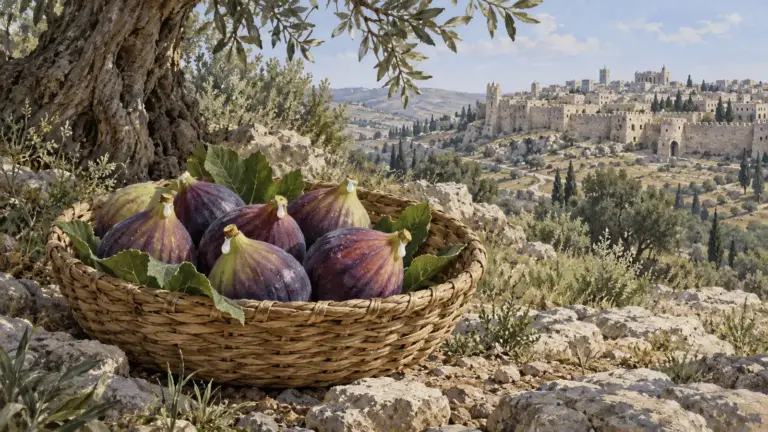 Illustration of fresh figs in a woven basket beneath a tree, with an imagined ancient Jerusalem in the distance