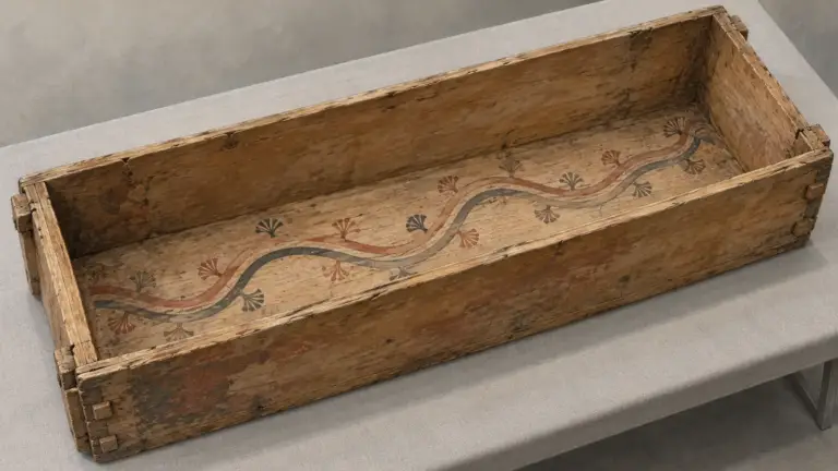 Conceptual illustration of two winding routes painted on the bottom of a rectangular wooden coffin.