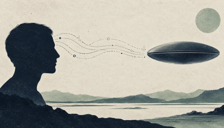 Conceptual illustration of a human profile connected by abstract lines to an oval craft.