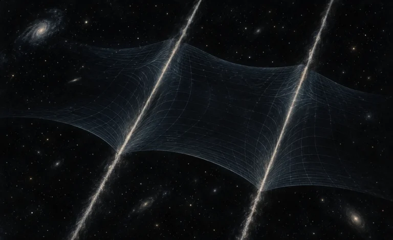 Conceptual illustration of two hypothetical cosmic strings and a curved spacetime grid.